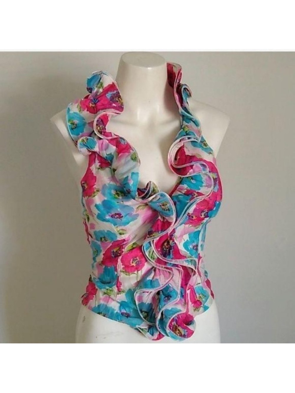 Floral Ruffle V-Neck Sleeveless Top - Pink & Teal - Picture 2 of 8